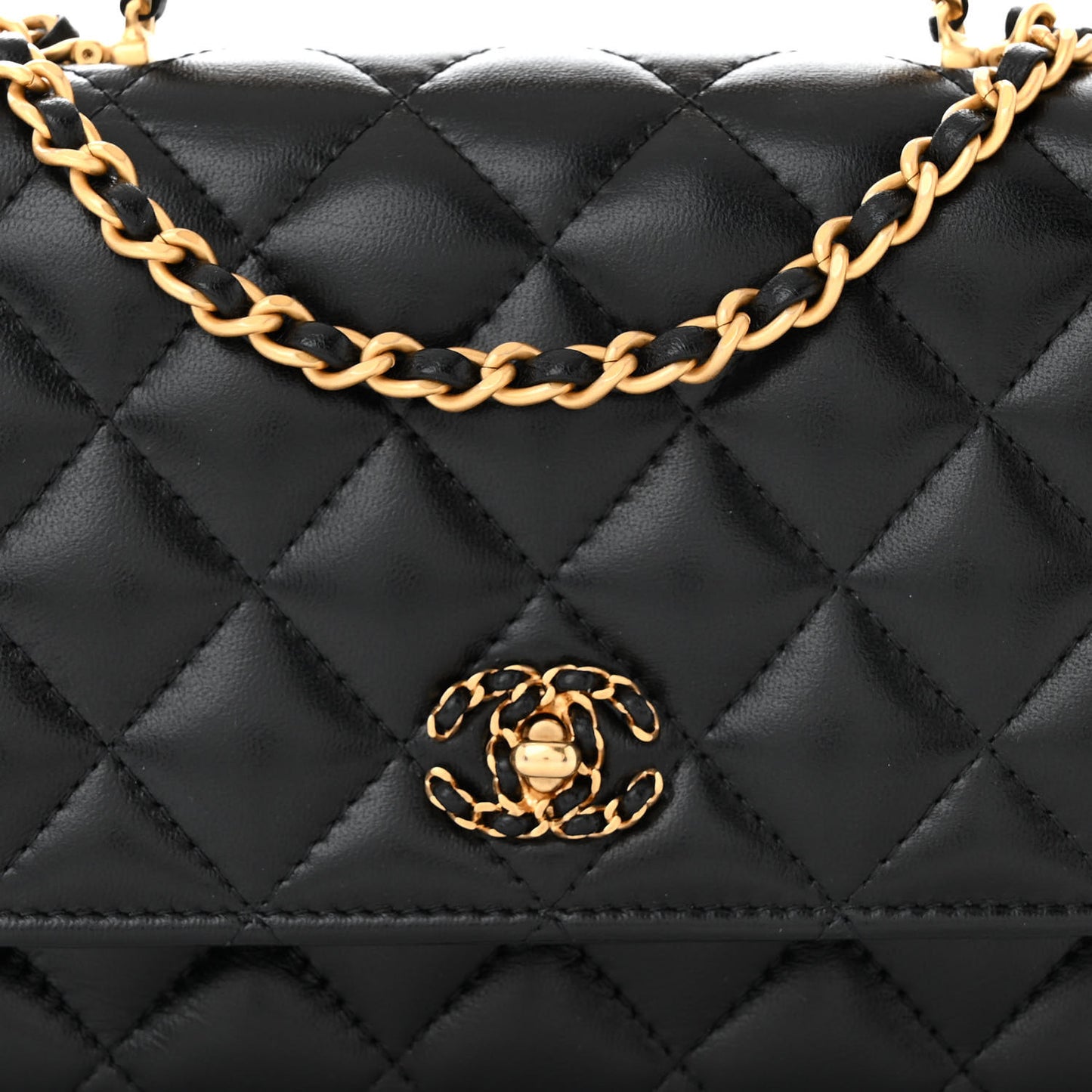 Shiny Calfskin Quilted Metal Top Handle Wallet On Chain WOC Black