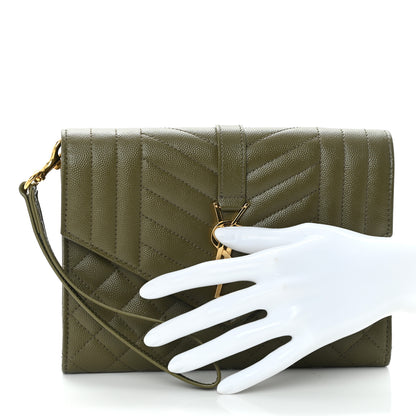 Saint Laurent Grain De Poudre Textured Mixed Matelasse Triquilt Monogram Clutch Vert Kaki 2 of 10