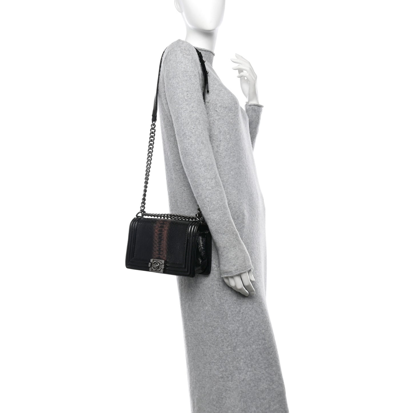 Patent Snakeskin Medium Boy Flap Black