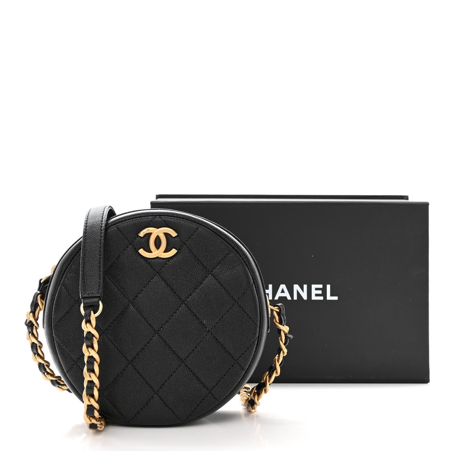 Caviar Quilted Small Round Bag With Chain Black
