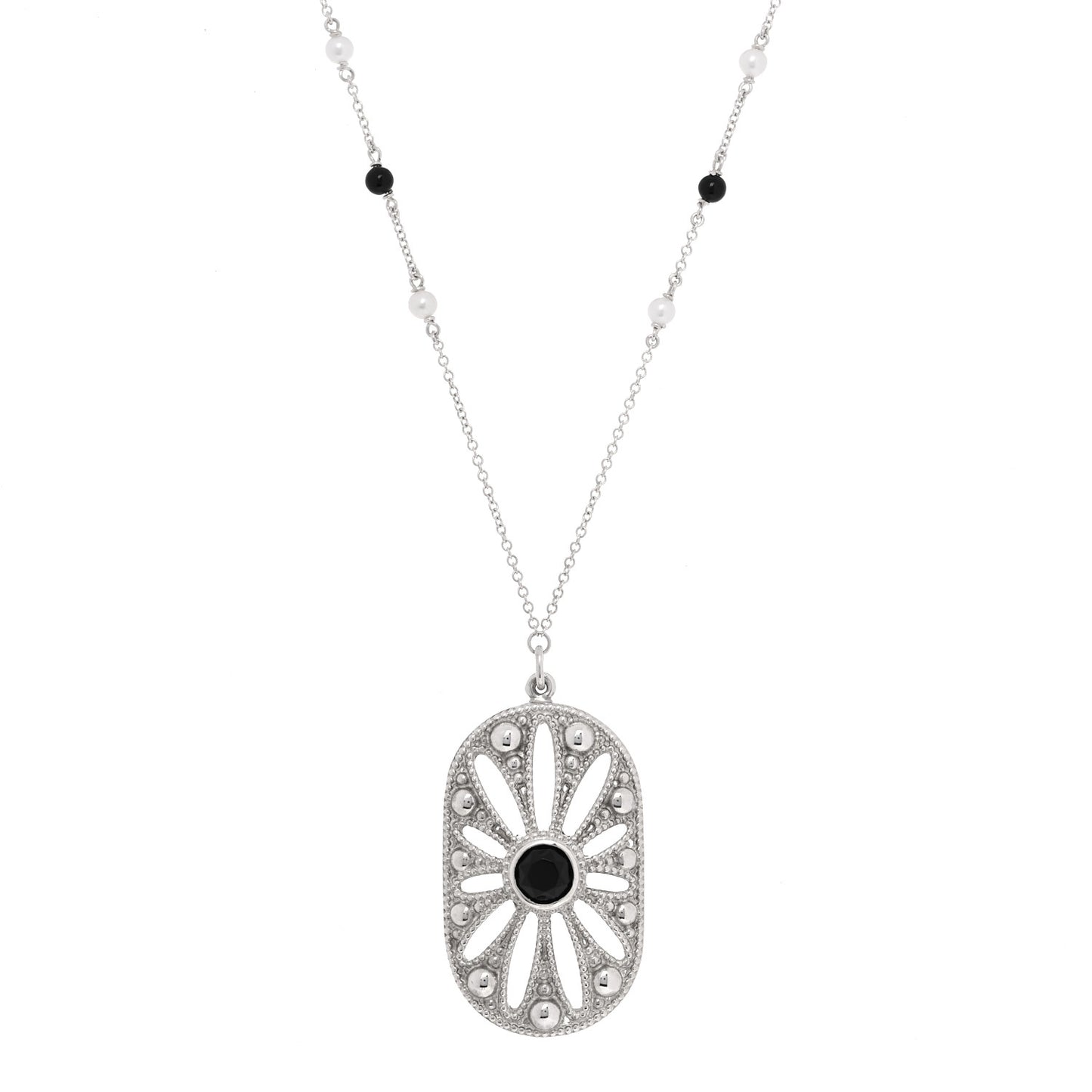 Sterling Silver Black Onyx Pearl Ziegfeld Daisy Pendant Necklace