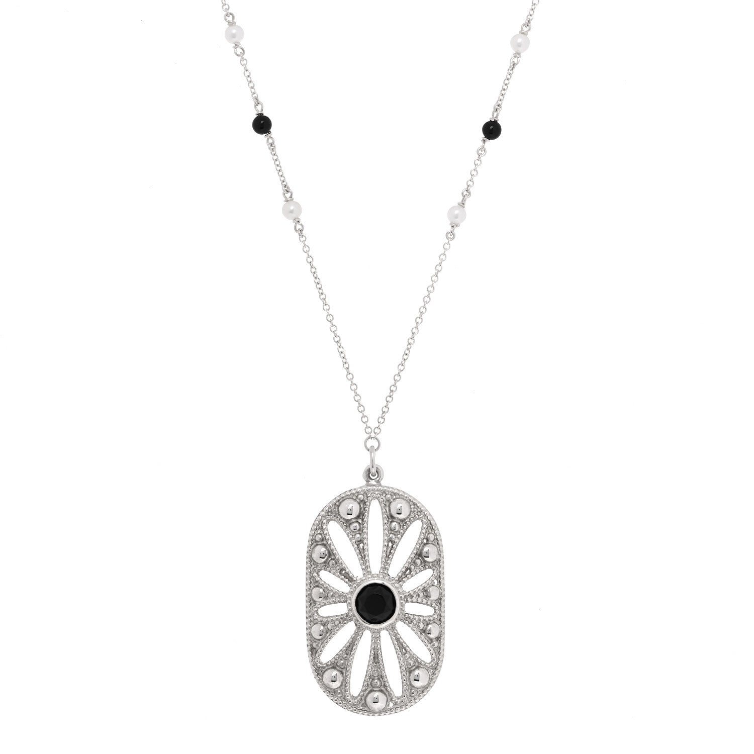 Tiffany Sterling Silver Black Onyx Pearl Ziegfeld Daisy Pendant Necklace 1 of 6
