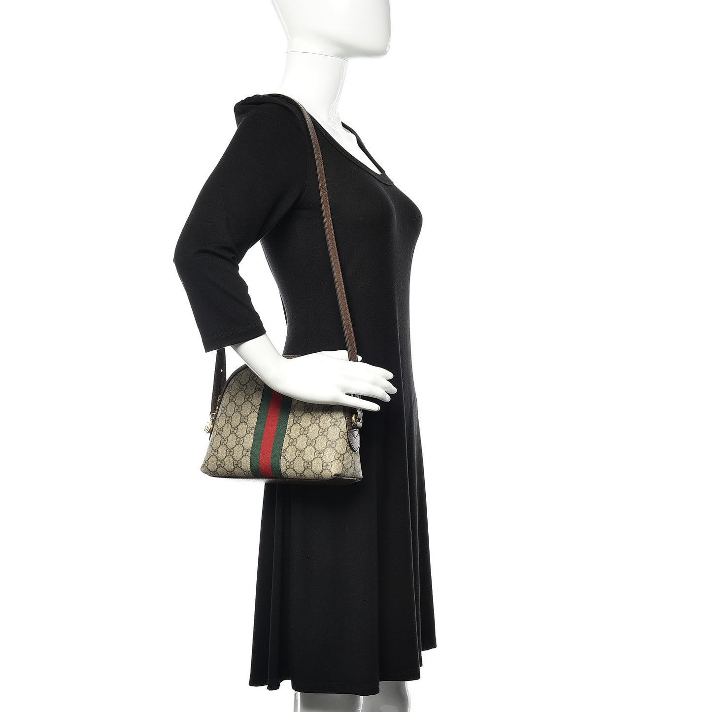 GG Supreme Monogram Textured Dollar Calfskin Web Small Ophidia Dome Shoulder Bag Beige Ebony New Acero