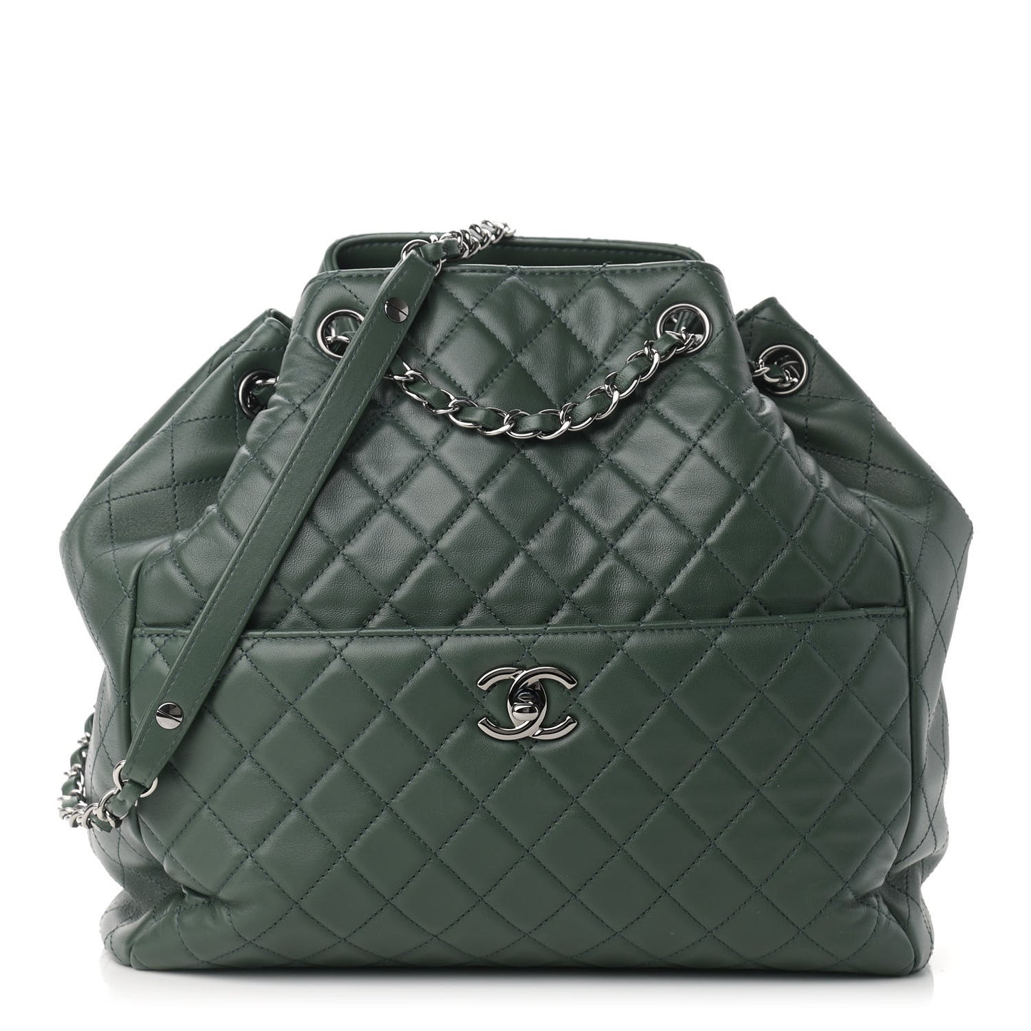Lambskin Quilted Large Drawstring Shoulder Bag Dark Green