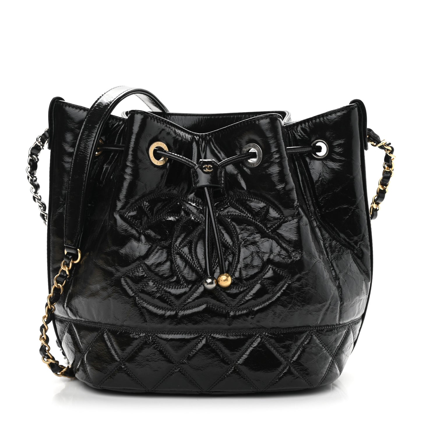 Shiny Aged Calfskin CC Chain Drawstring Bag Black