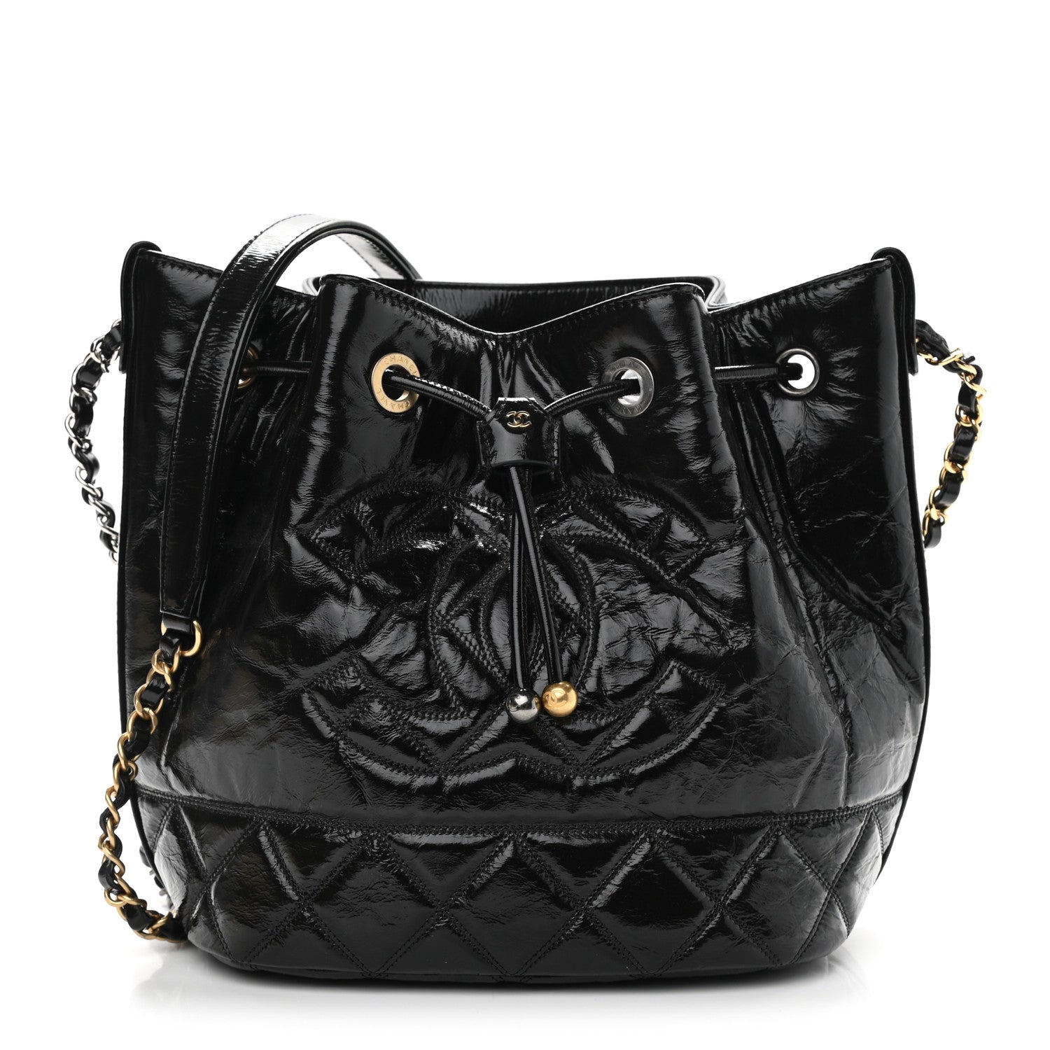 Chanel Shiny Aged Calfskin CC Chain Drawstring Bag Black 1 of 10
