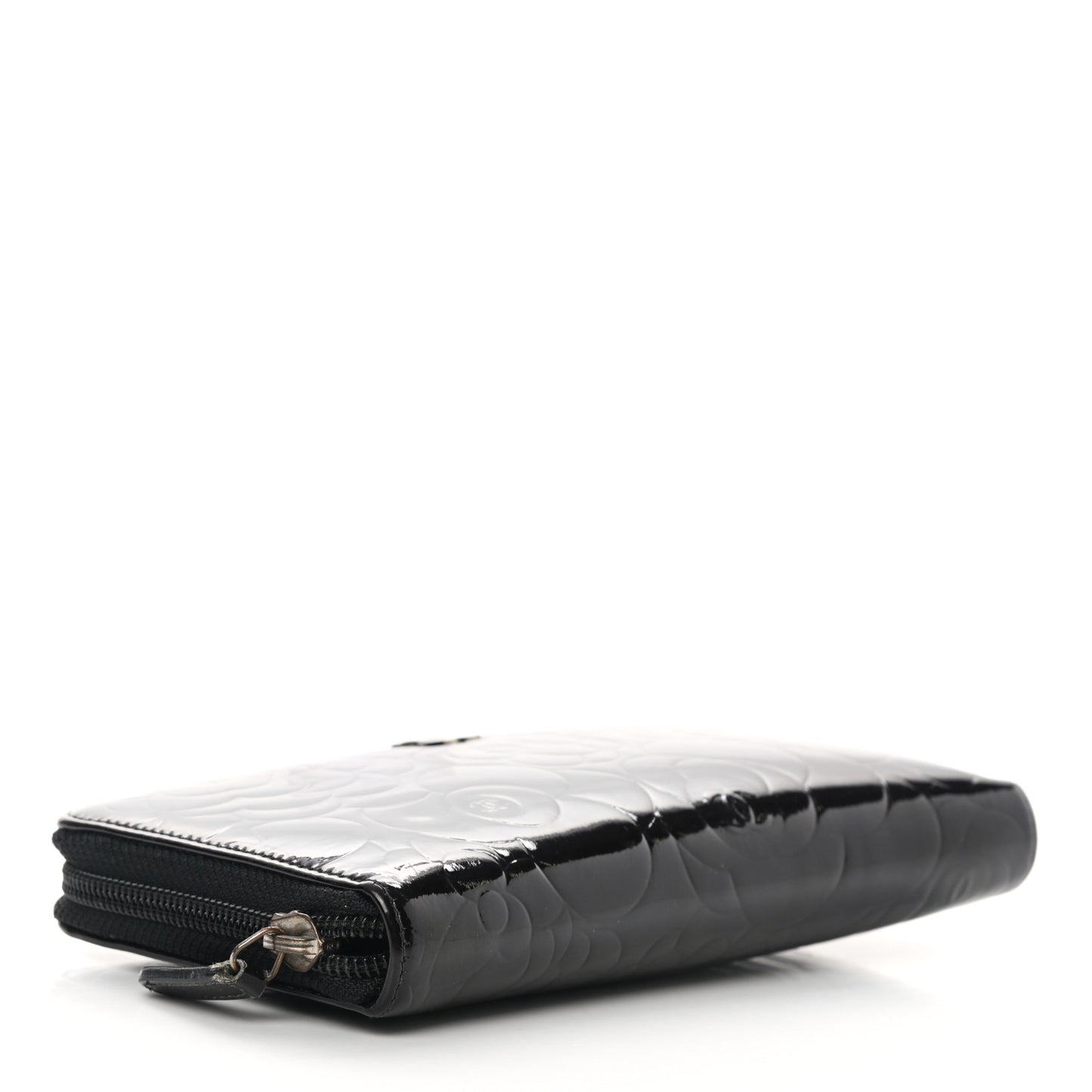 Patent Camellia Embossed Large Zip Around Gusset Wallet Black