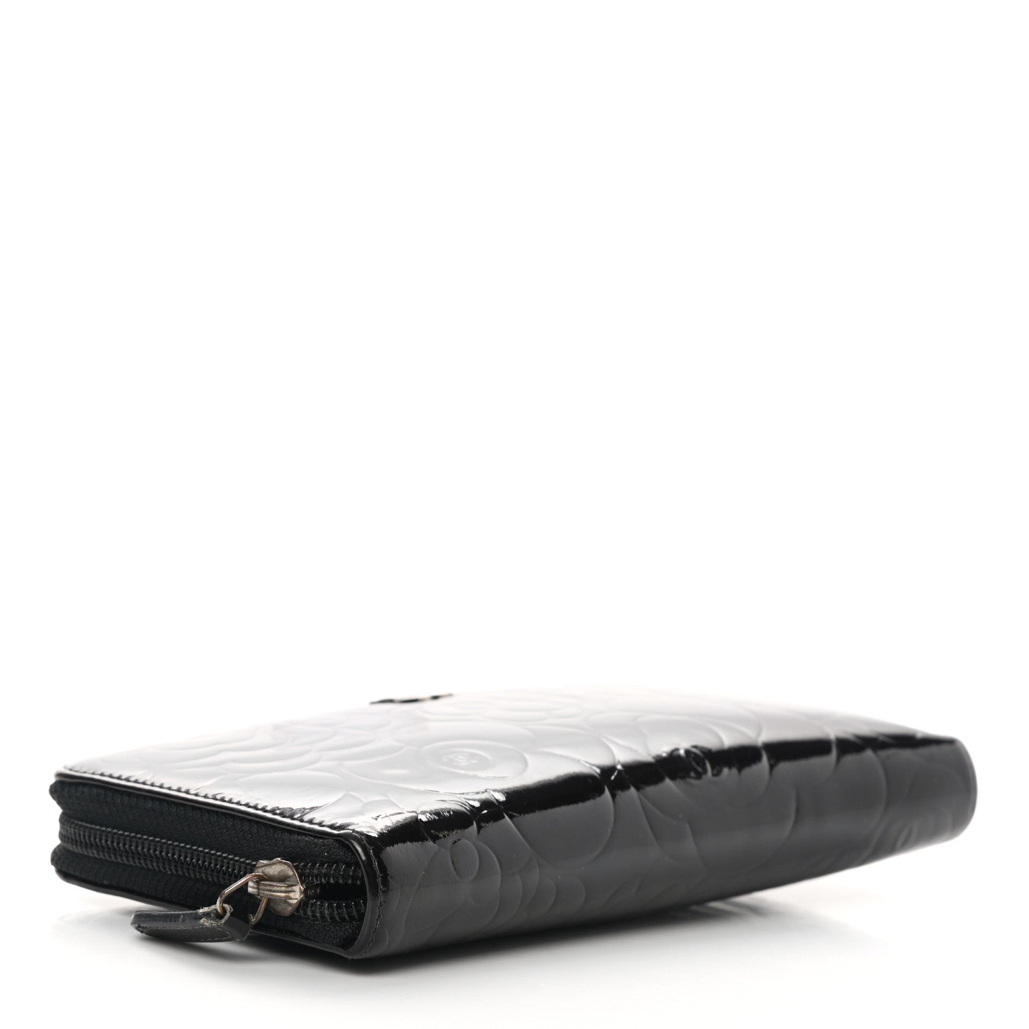 Chanel Patent Camellia Embossed Large Zip Around Gusset Wallet Black 4 of 12