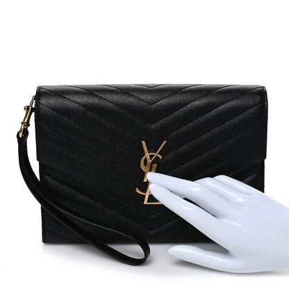 Saint Laurent Grain De Poudre Matelasse Chevron Monogram Envelope Clutch Black 2 of 7
