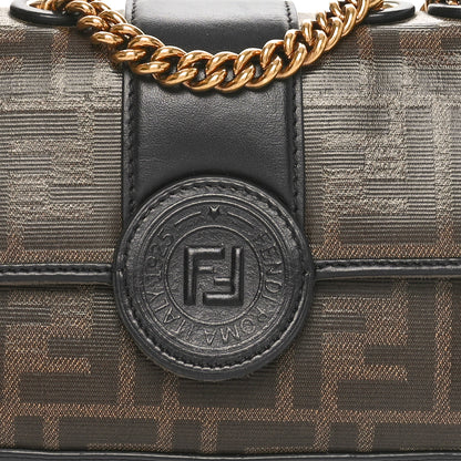Fendi Glazed Fabric Vitello Century FF 1974 Stamp Patch Mini Double F Crossbody Bag Mogano Panna Black 8 of 11