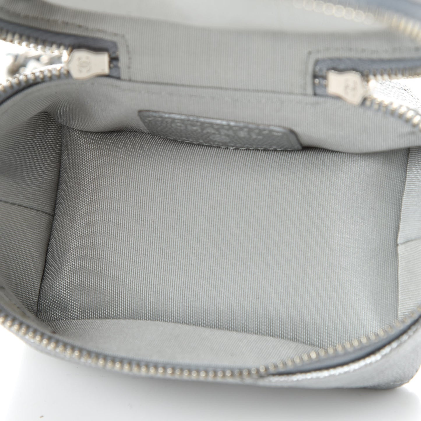 Metallic Caviar Quilted Mini Top Handle Vanity With Chain Silver