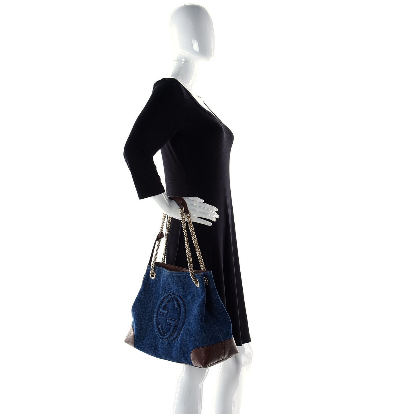 Denim Pebbled Calfskin Medium Soho Chain Shoulder Bag Blue Brown