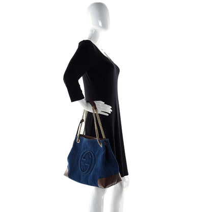 Gucci Denim Pebbled Calfskin Medium Soho Chain Shoulder Bag Blue Brown 2 of 11