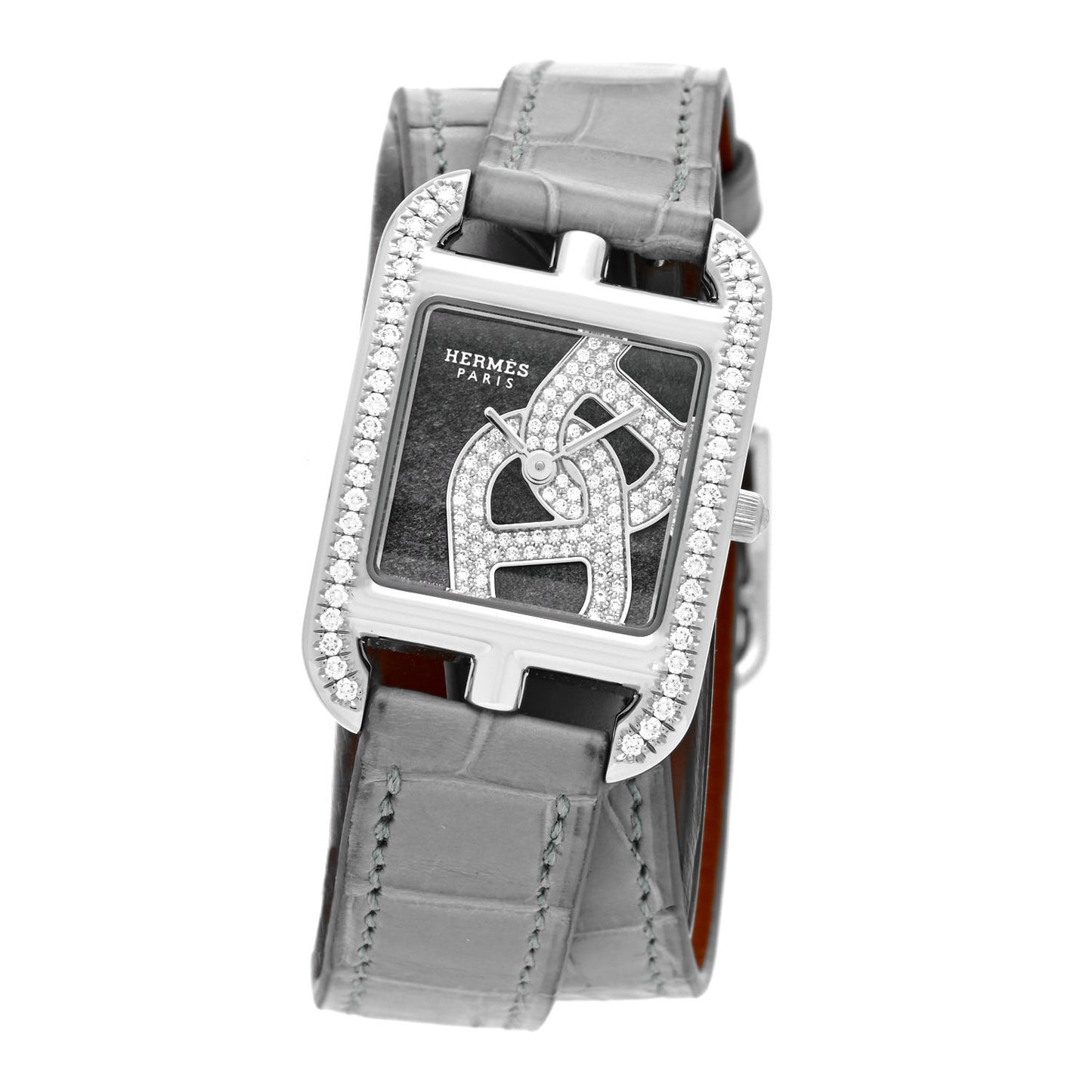 Stainless Steel Alligator Diamond Bezel 23mm Cape Cod Double Tour Chaine d'Ancre Joaillier Quartz Watch Gris Perle