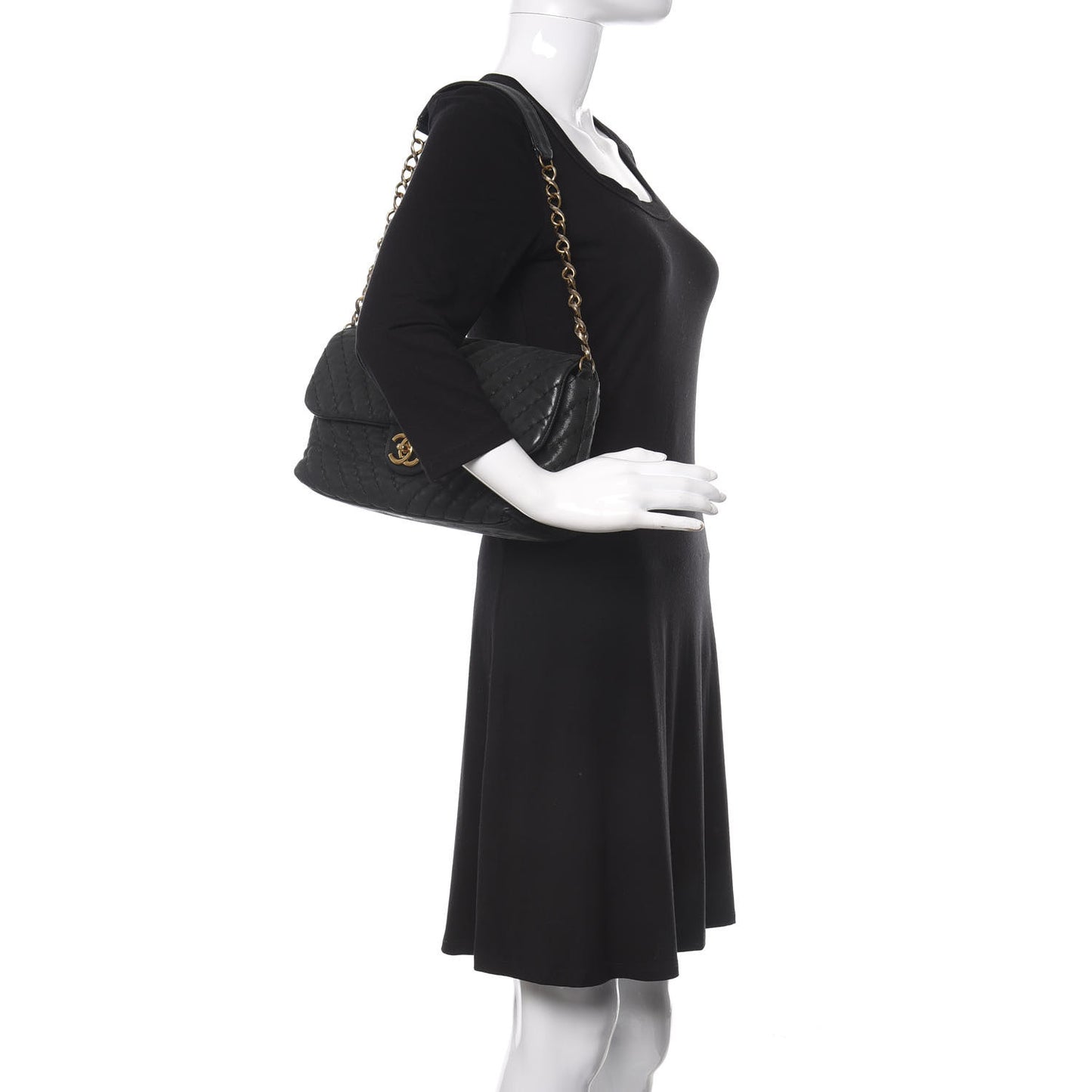 Iridescent Calfskin Surpique Chevron Large Flap Black