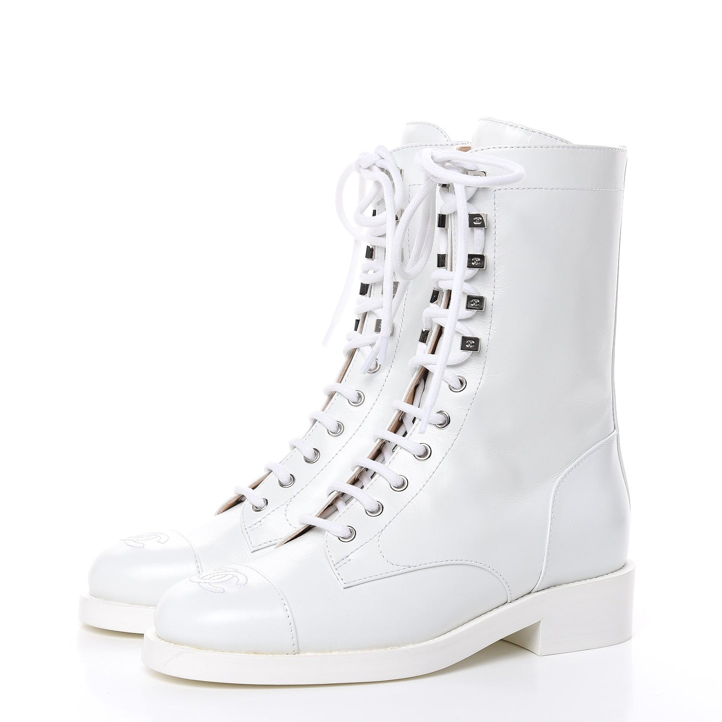 Calfskin CC Lace Up Boots 37.5 White