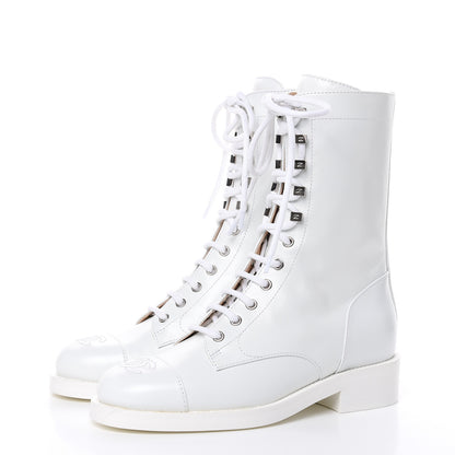Chanel Calfskin CC Lace Up Boots 37.5 White 3 of 9