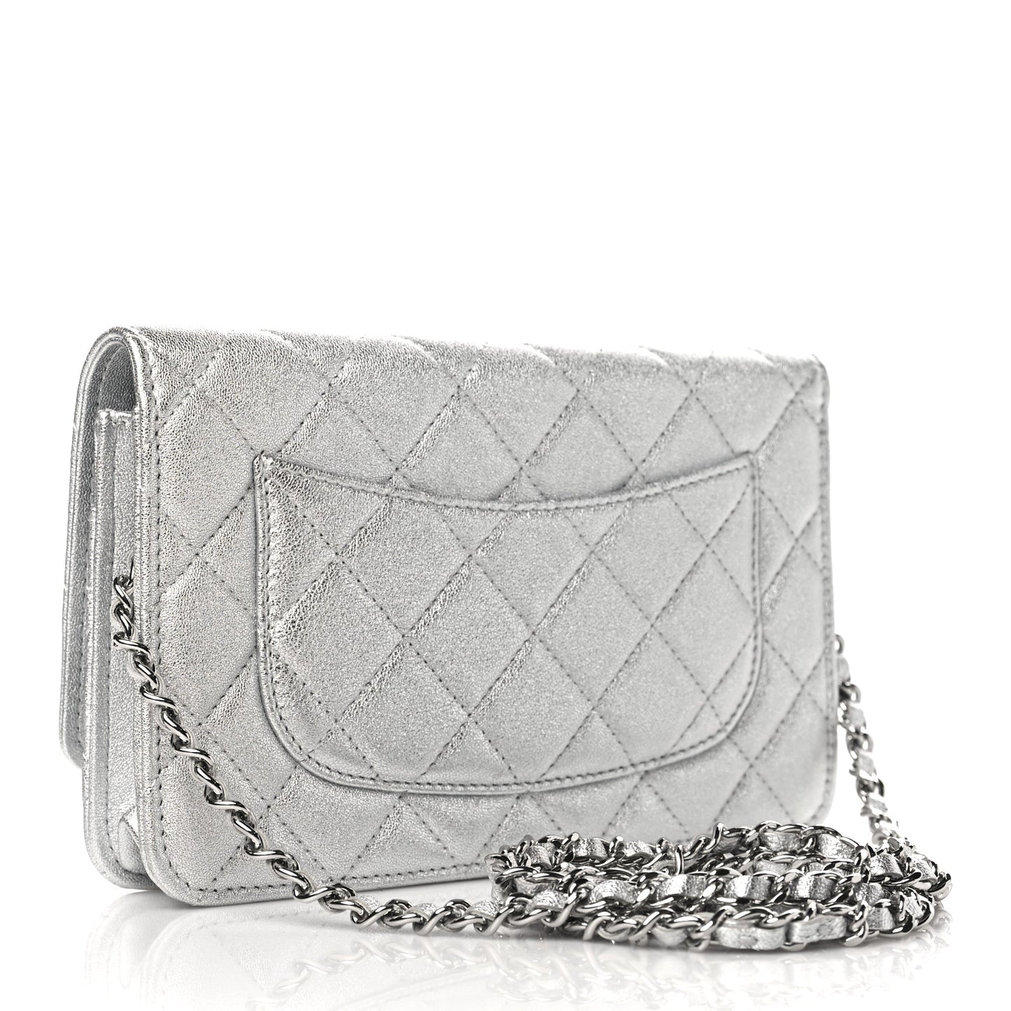 Metallic Lambskin Quilted Wallet On Chain WOC Silver