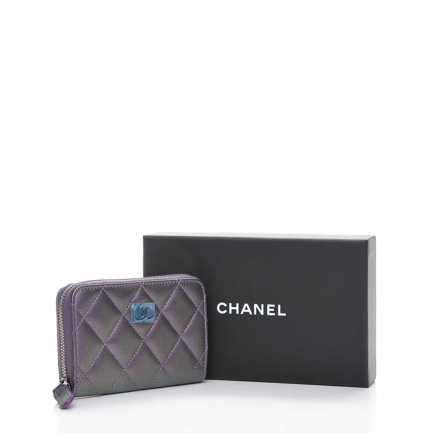 Metallic Lambskin Quilted Zip Around Coin Purse Wallet Dark Purple