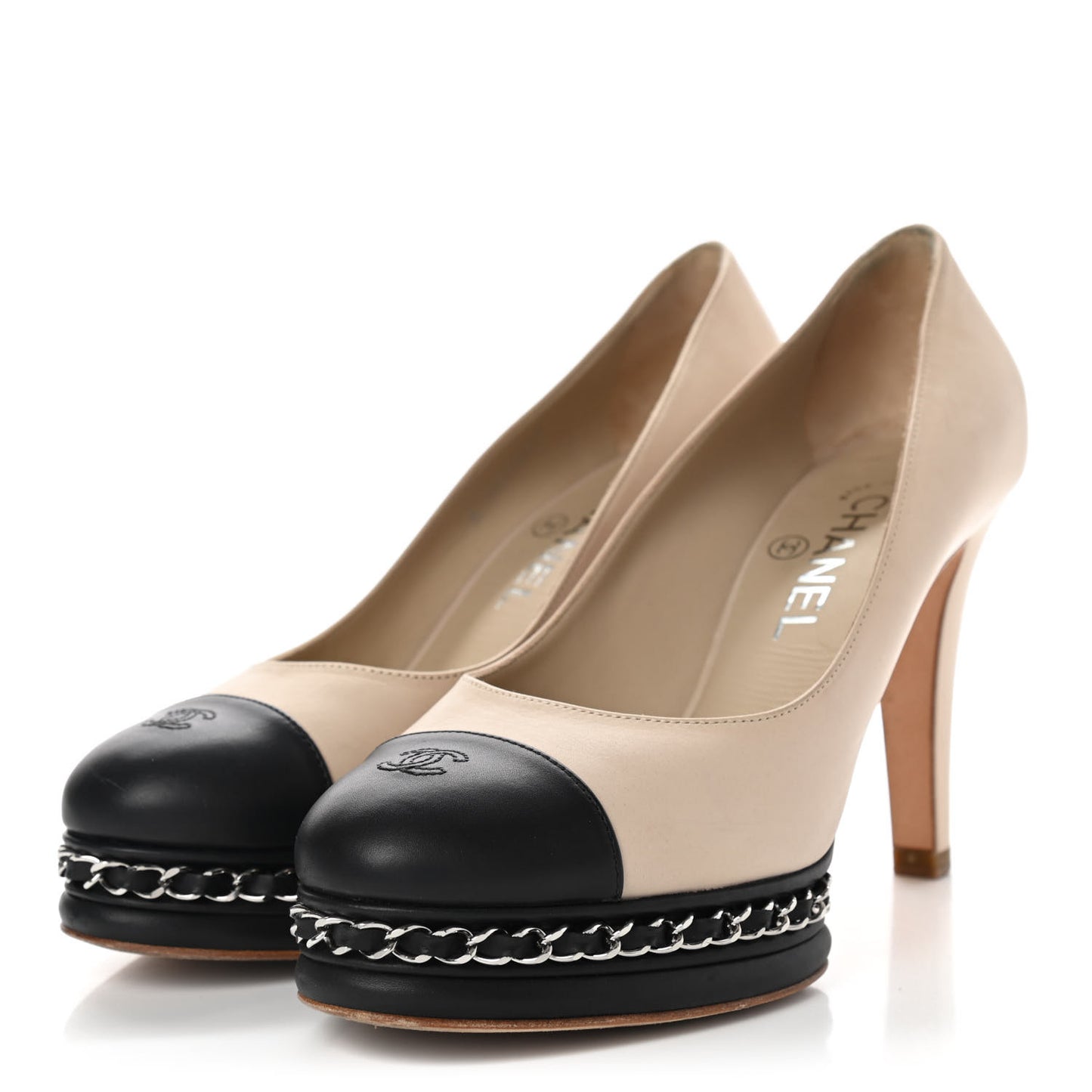 Calfskin CC Cap Toe Platform Chain Pumps 37.5 Beige Black