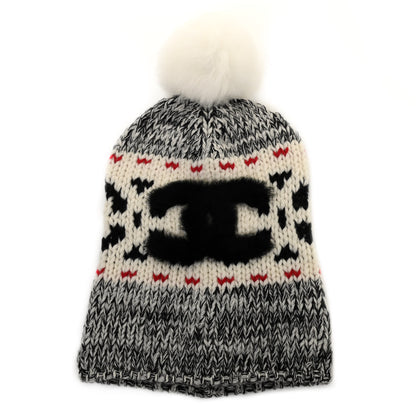 Chanel Wool Shearling CC Beanie Hat Ivory Black Red 1 of 5