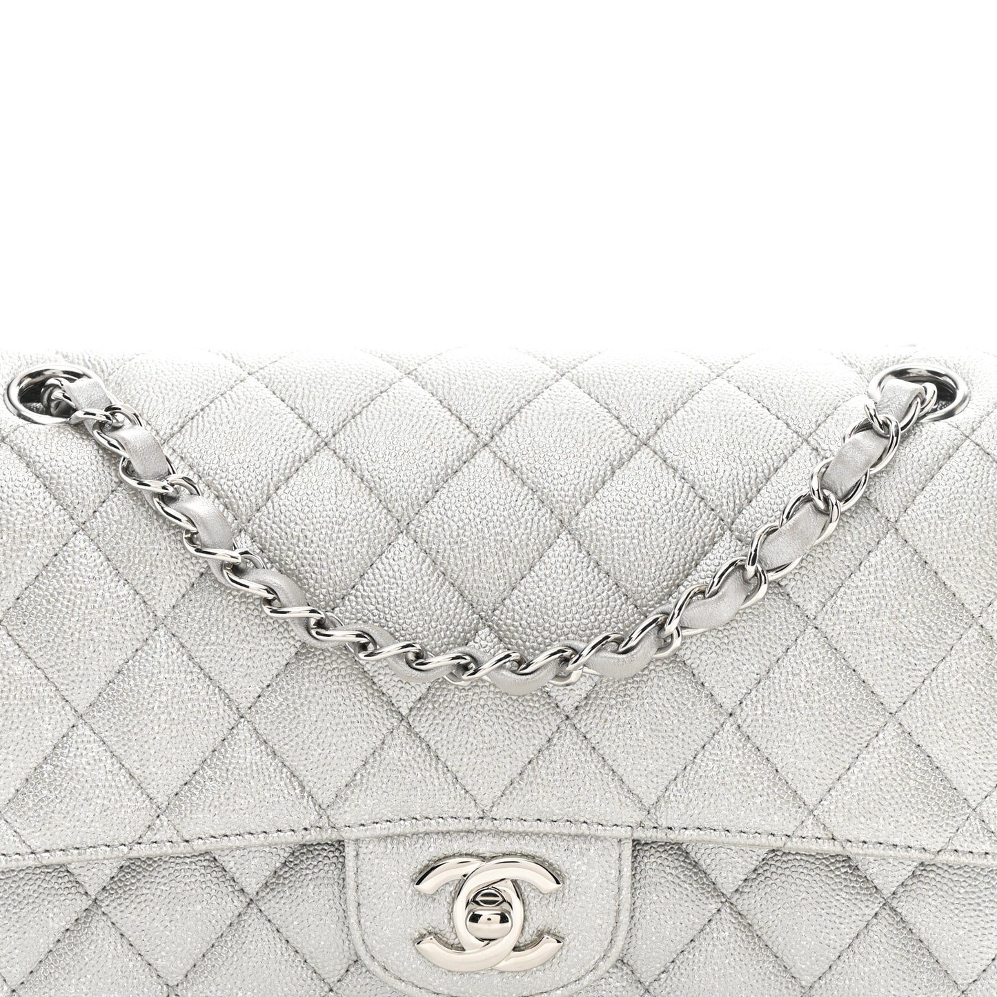 Glittered Metallic Caviar Quilted Medium Double Flap Silver