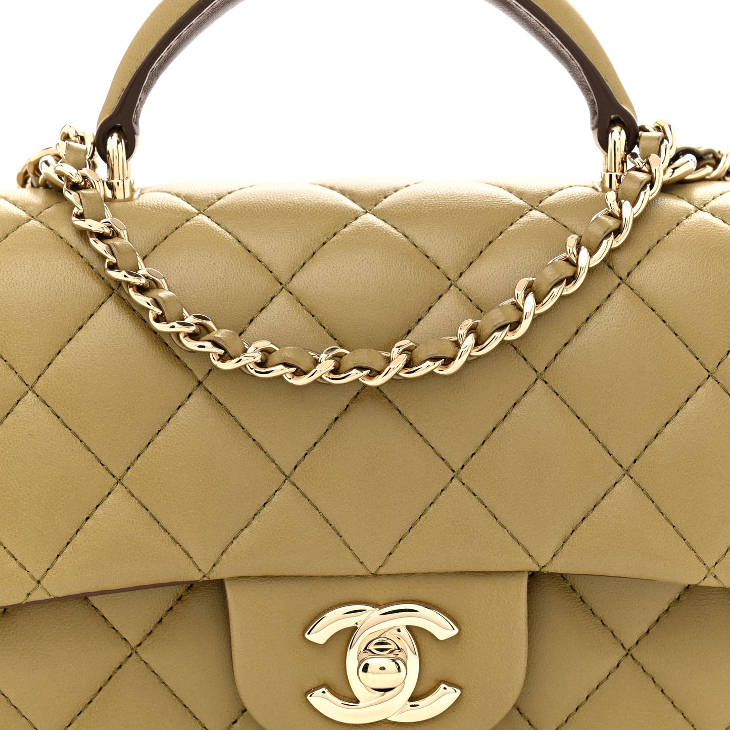 Lambskin Quilted Bi-Color Mini Top Handle Rectangular Flap Green Brown