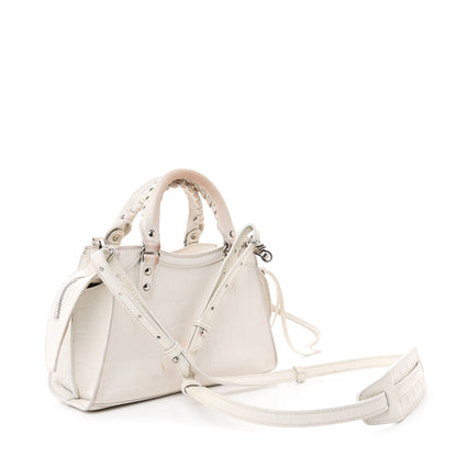 Balenciaga Semi Shiny Calfskin Crocodile Embossed Neo Classic Silver Hardware Mini City White 3 of 22