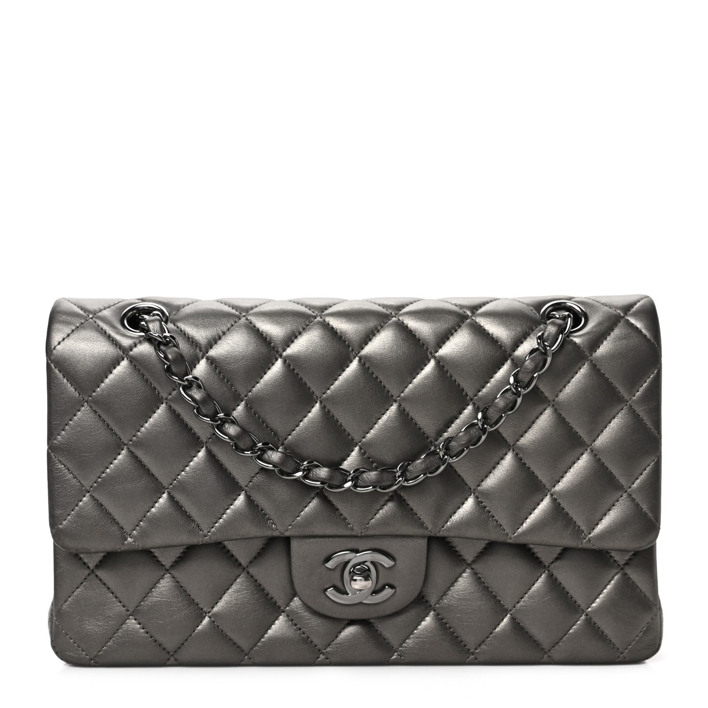 Metallic Lambskin Quilted Medium Double Flap Pewter
