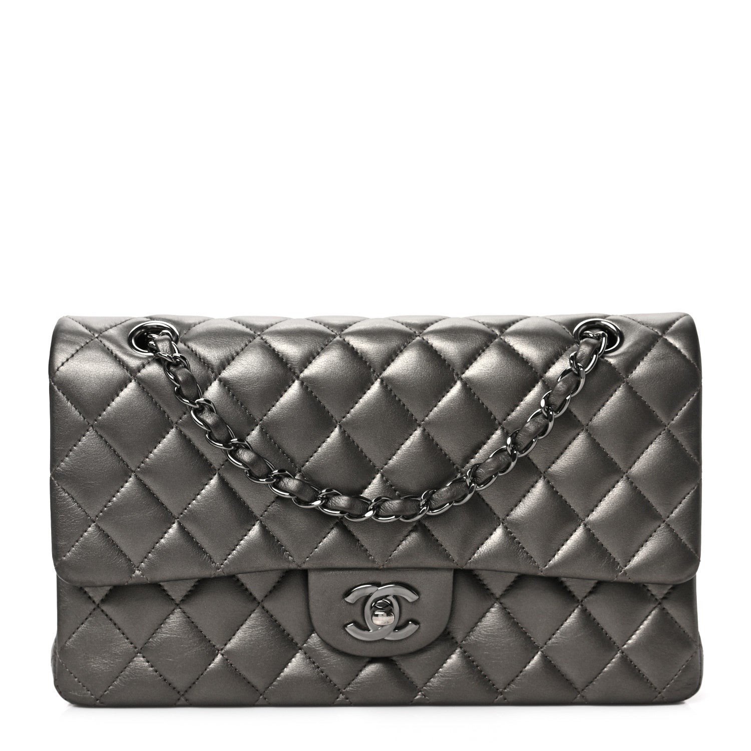 Chanel Metallic Lambskin Quilted Medium Double Flap Pewter 1 of 9