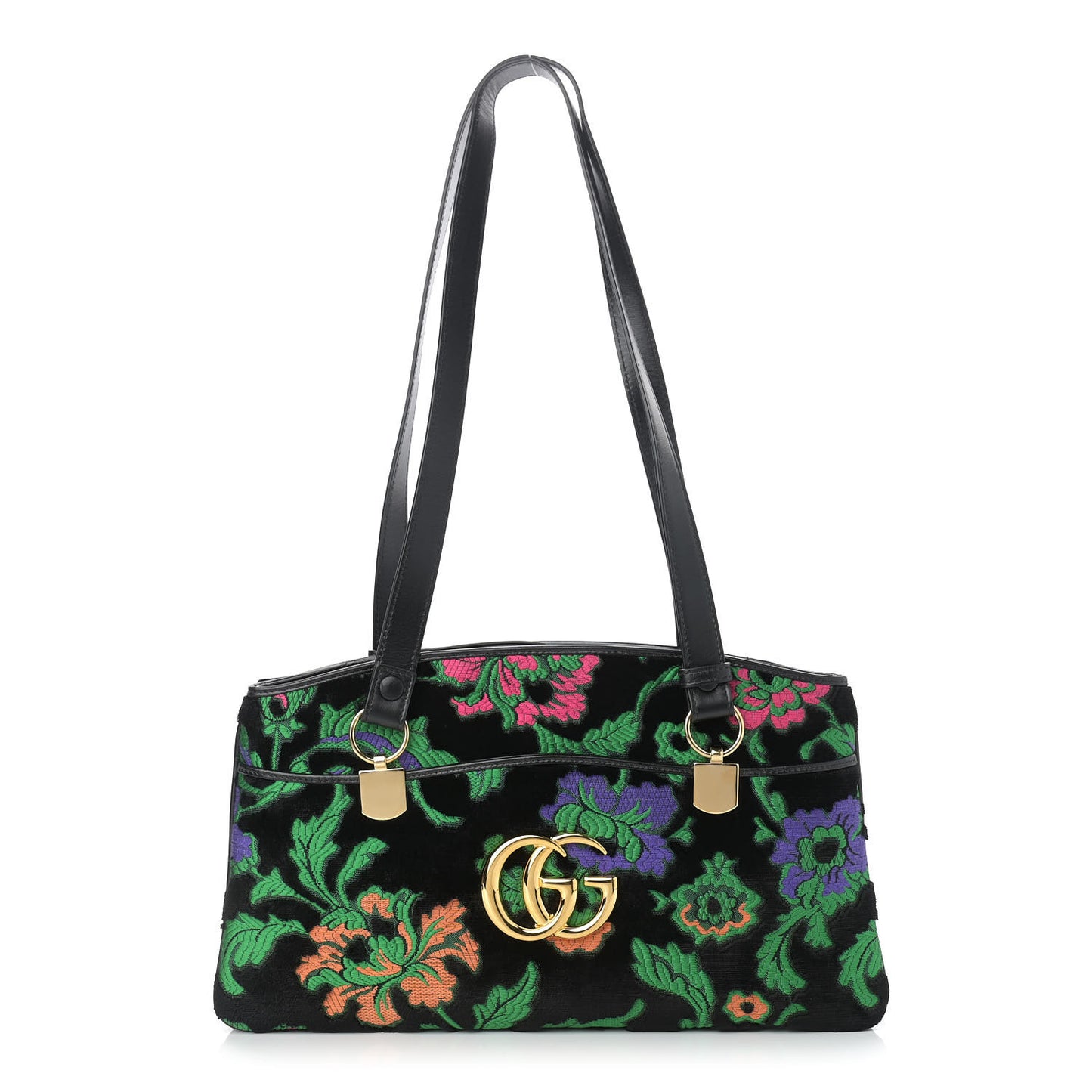 Velvet Jacquard Floral Embroidered Large Arli Top Handle Bag Black Green Multicolor