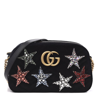 Gucci Velvet Matelasse Crystal Star Embroidered Small GG Marmont Chain Shoulder Bag Black 1 of 11