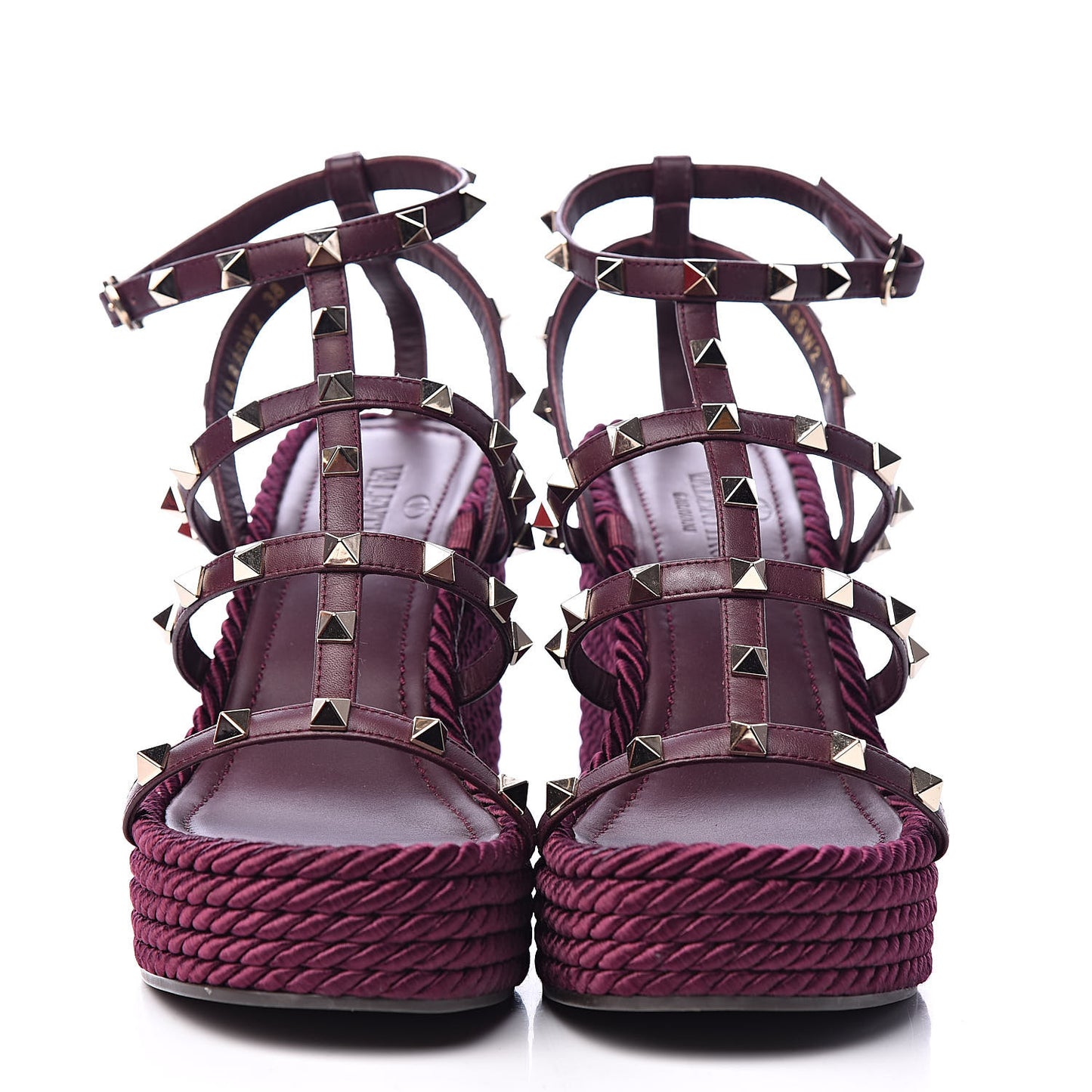 Calfskin Rockstud Ankle Strap Torchon Espadrille Caged 25/95mm Wedge Sandals 38 Rubin