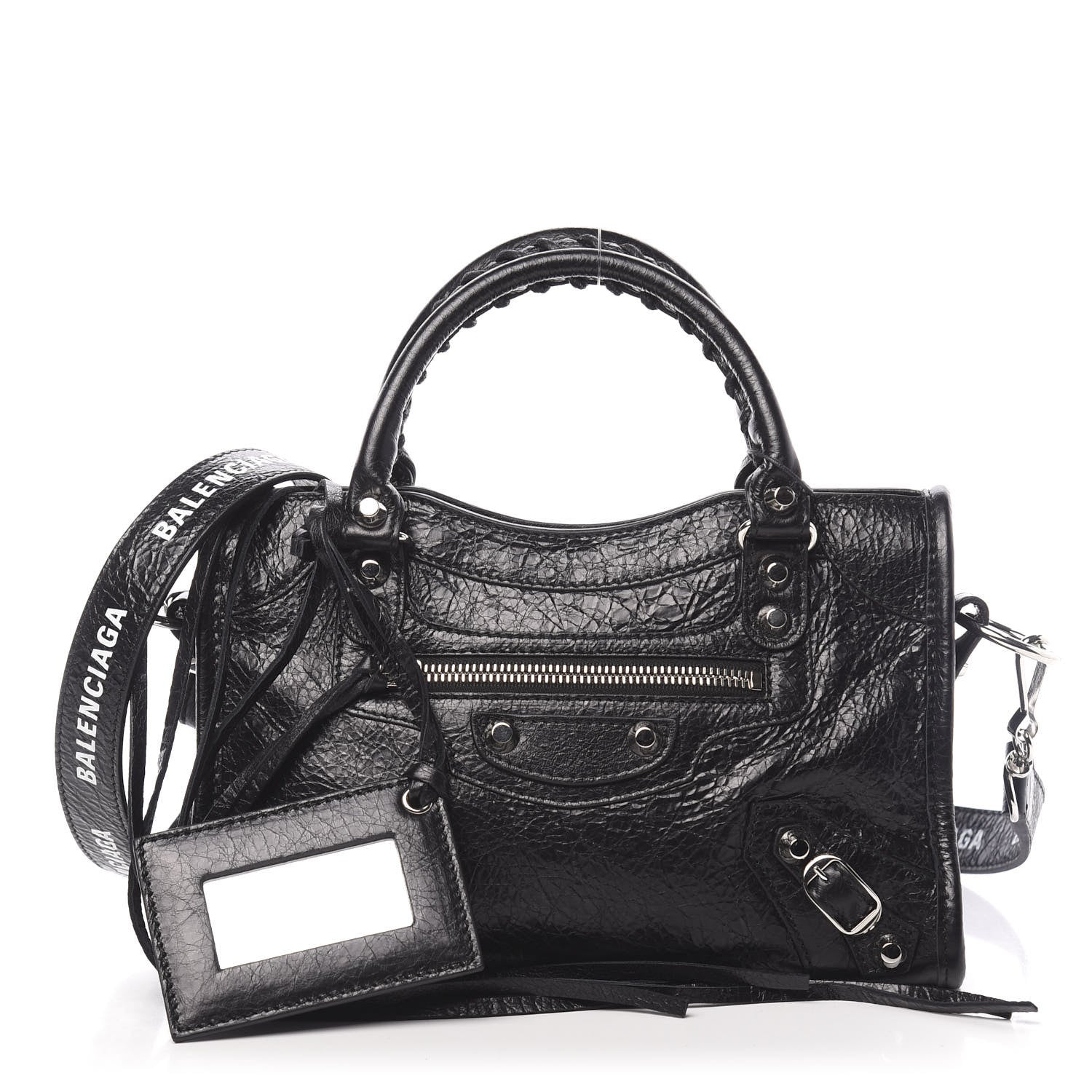Balenciaga Agneau Classic Silver Hardware Mini City Logo Strap Black White 1 of 11