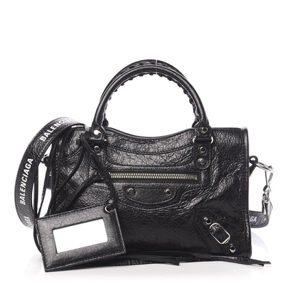 Balenciaga Agneau Classic Silver Hardware Mini City Logo Strap Black White 1 of 11