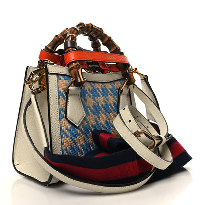 Gucci Raffia Textured Dollar Calfskin Web Houndstooth Mini Diana Tote Bag Light Blue Natural Deep Orange 3 of 10