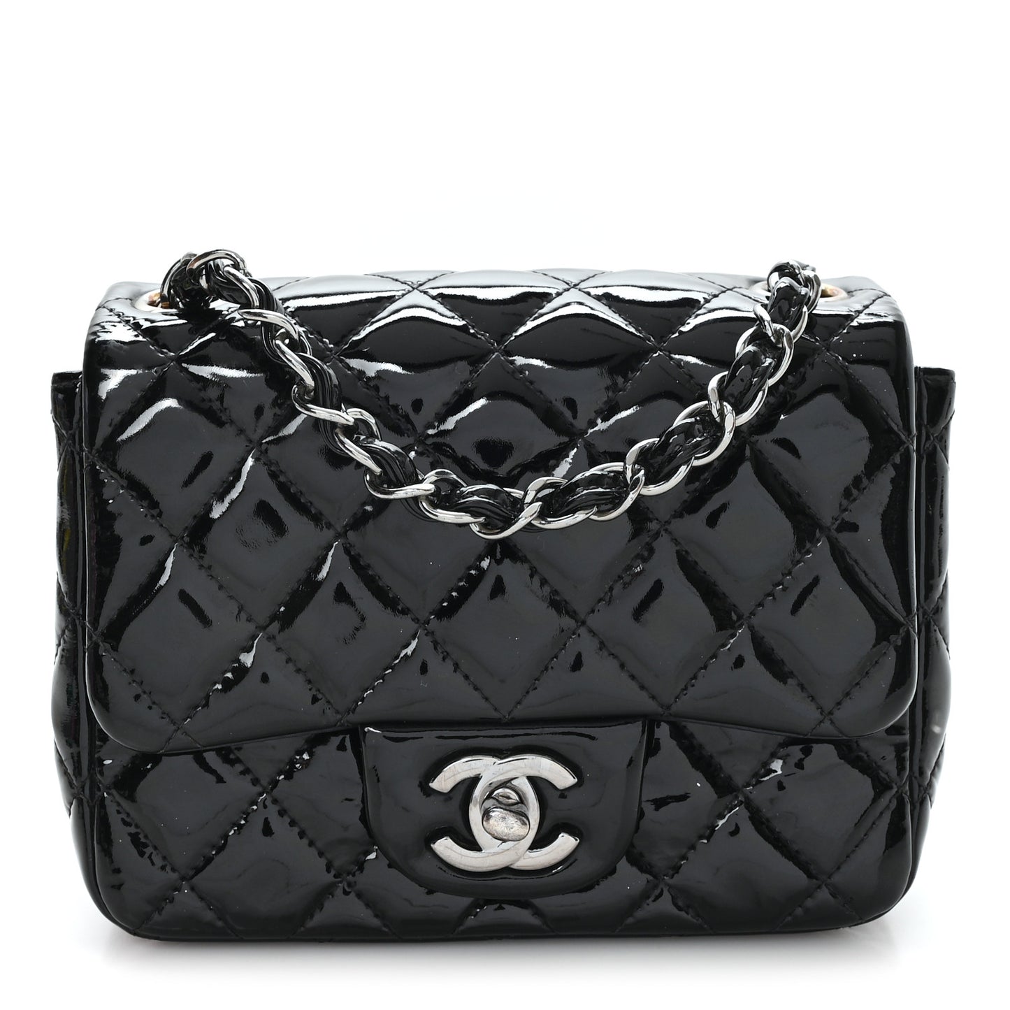 Patent Calfskin Quilted Mini Square Flap Black
