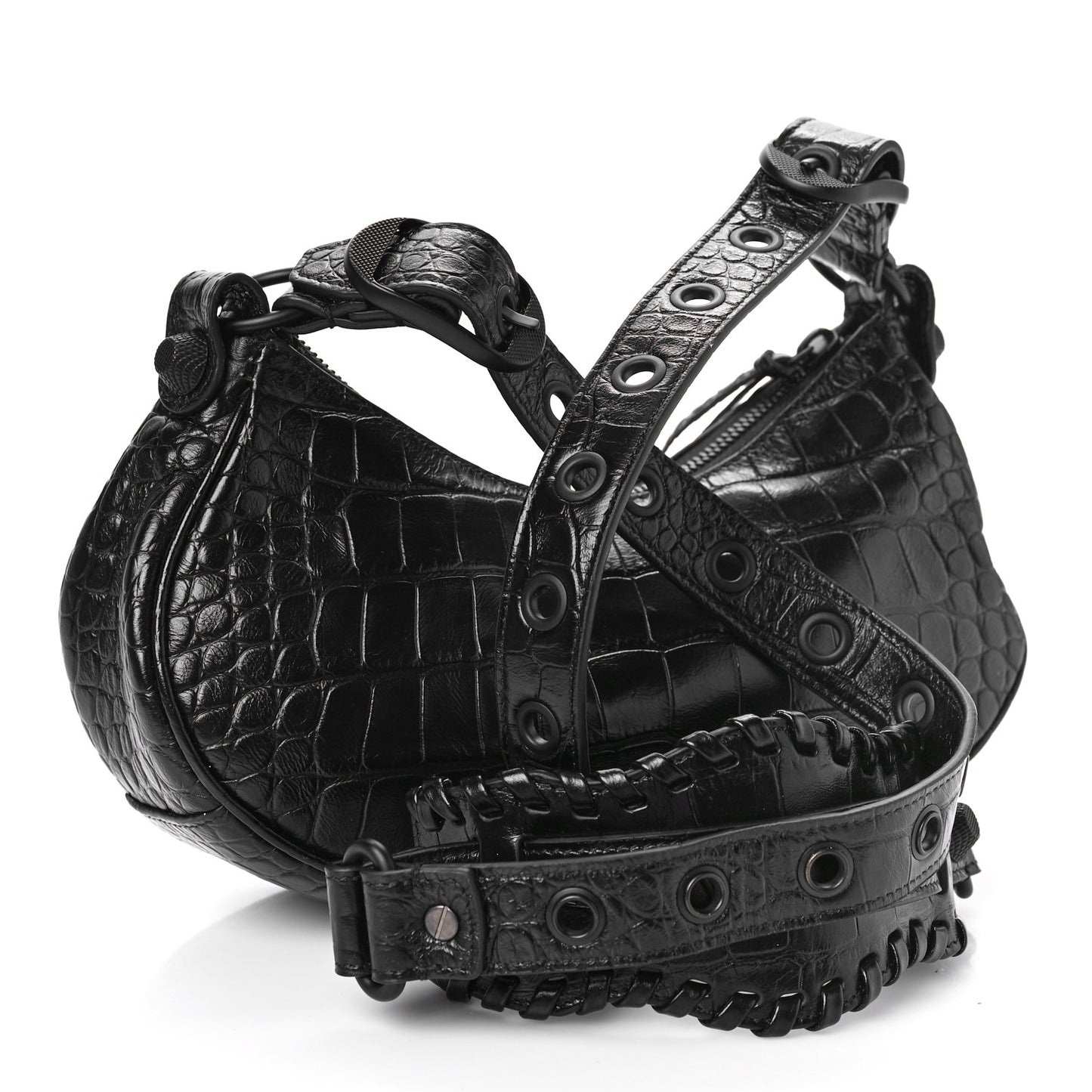 Extra Supple Calfskin Crocodile Embossed Monochrome Le Cagole Shoulder Bag XS Black
