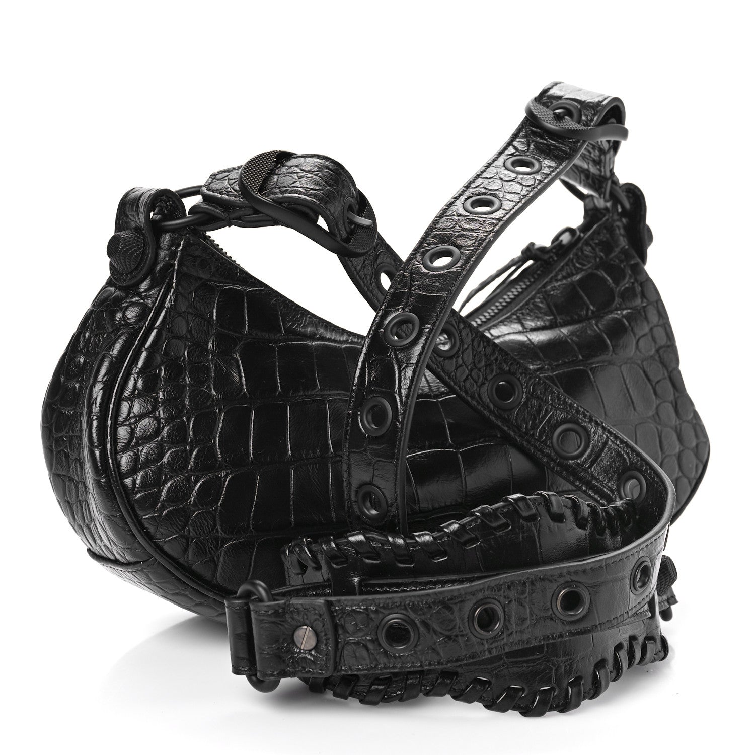 Balenciaga Extra Supple Calfskin Crocodile Embossed Monochrome Le Cagole Shoulder Bag XS Black 5 of 10