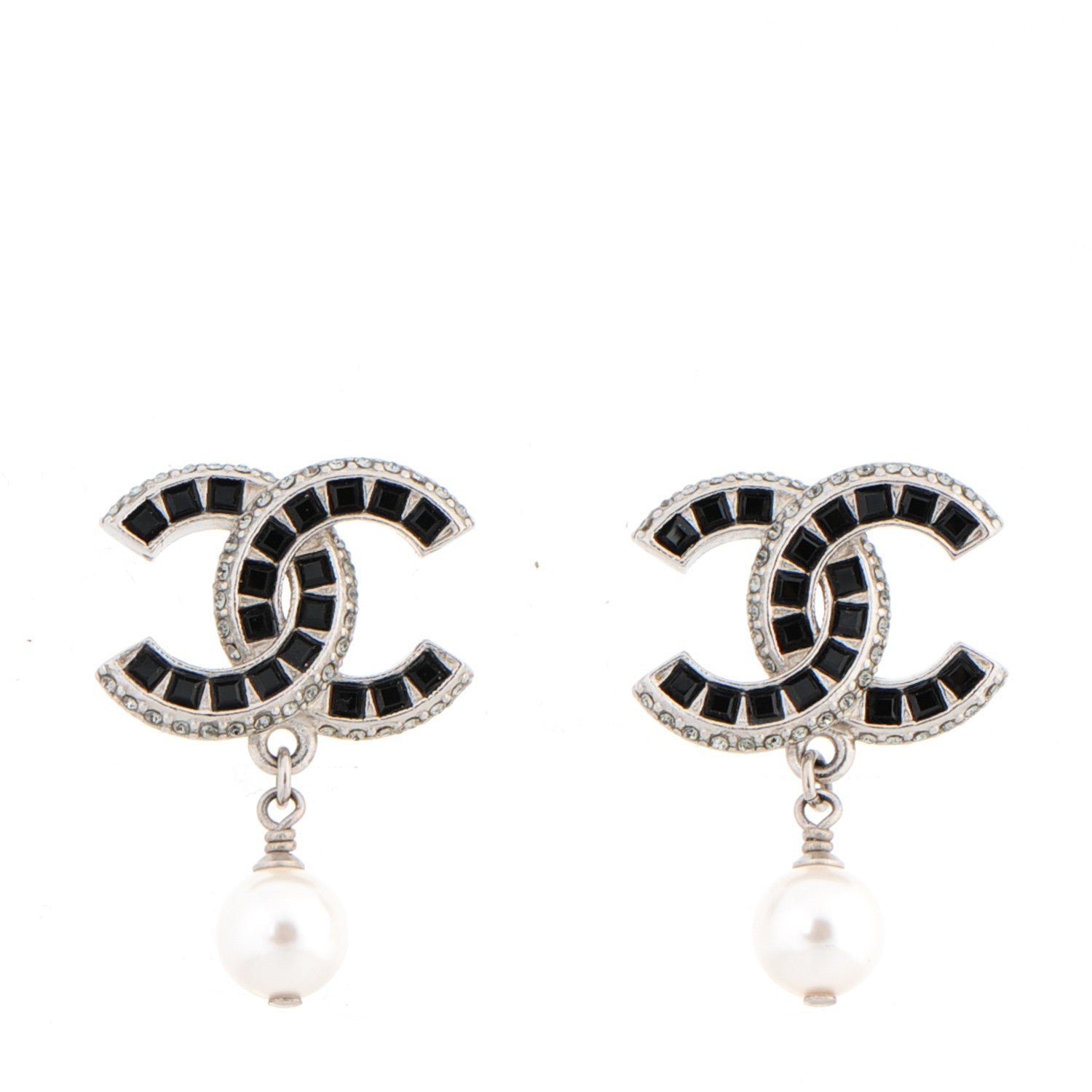Chanel Baguette Crystal Pearl CC Drop Earrings Silver Black 1 of 5