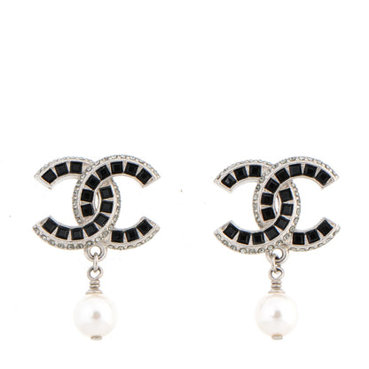Chanel Baguette Crystal Pearl CC Drop Earrings Silver Black 1 of 5