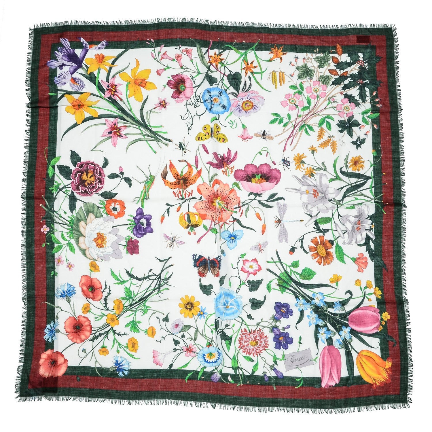 Gucci Wool Silk Floral Web Square Scarf Ivory Dark Green 1 of 6