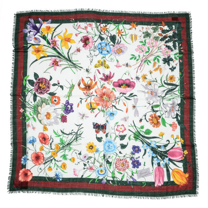Gucci Wool Silk Floral Web Square Scarf Ivory Dark Green 1 of 6