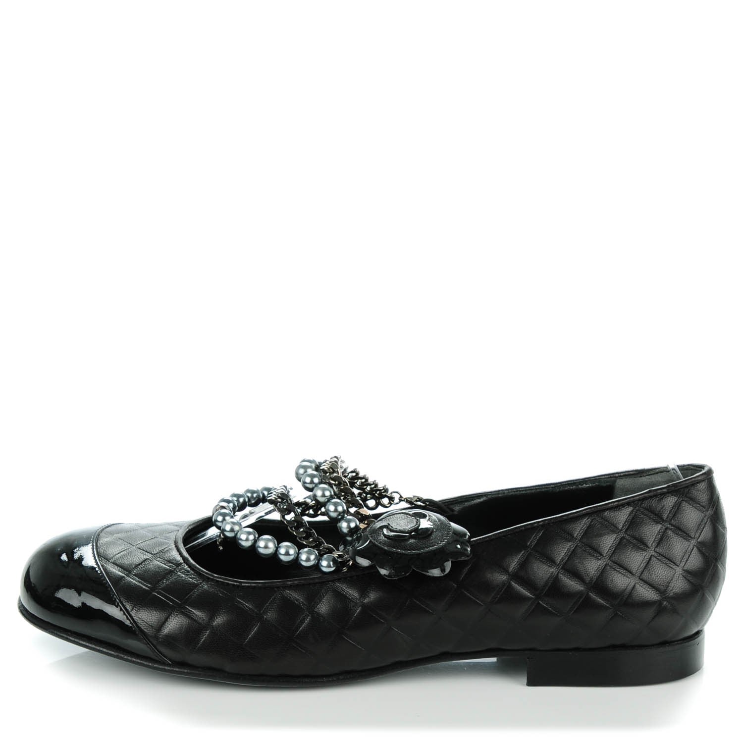 Chanel Lambskin Patent Quilted Cap Toe Pearl Ballerina Flats 38.5 Black 1 of 8