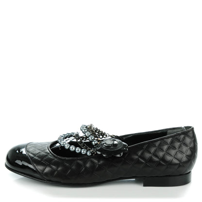 Chanel Lambskin Patent Quilted Cap Toe Pearl Ballerina Flats 38.5 Black 1 of 8