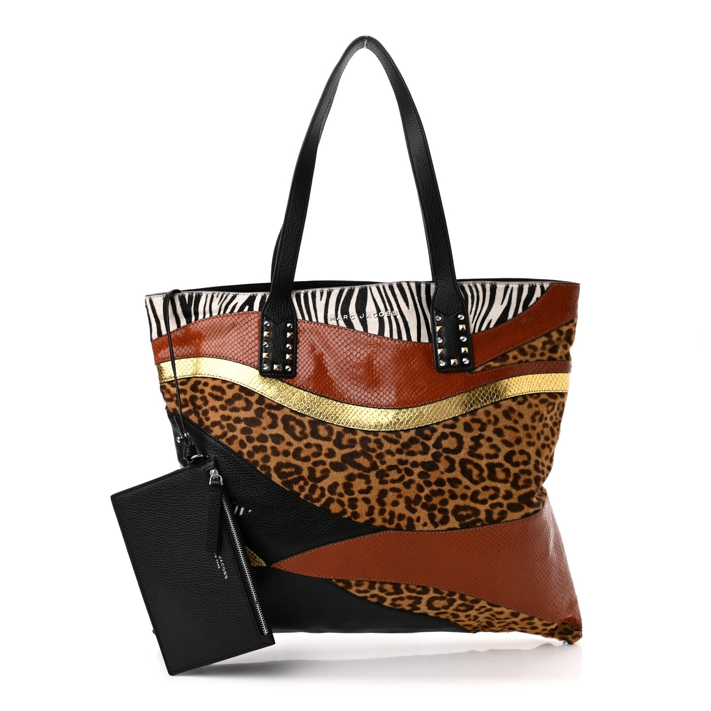 Metallic Calfskin Snakeskin Embossed Pony Hair Print Nomad Patchwork Tote Bag Black Multicolor