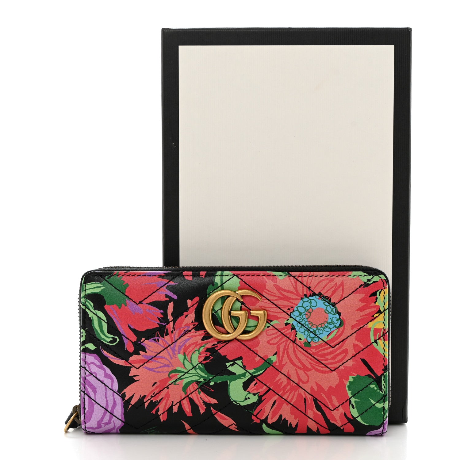 Gucci X KEN SCOTT Calfskin Matelasse Floral Print GG Marmont Zip Around Wallet Black 8 of 8