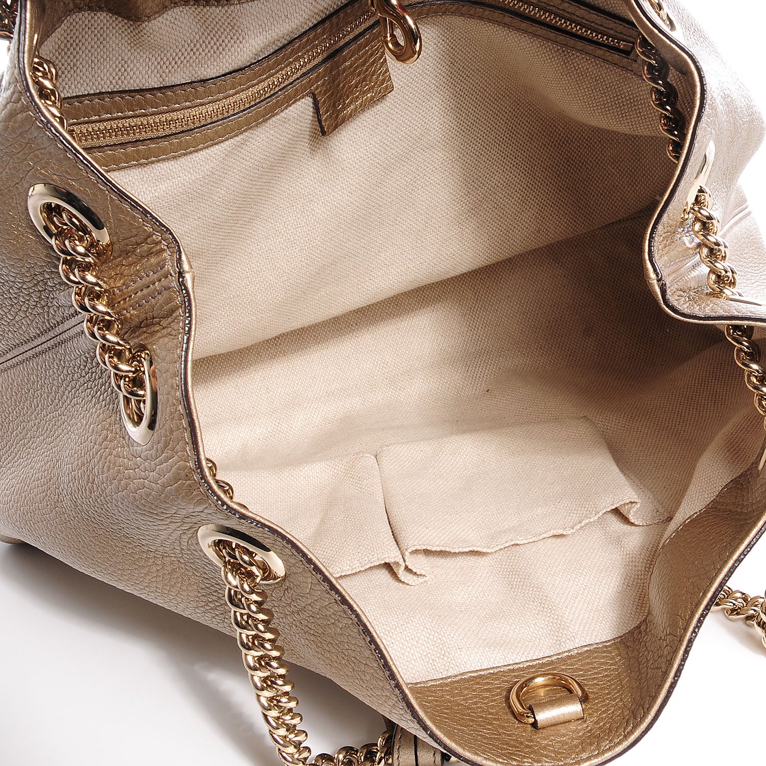Gucci Metallic Pebbled Calfskin Medium Soho Chain Shoulder Bag Golden Beige 5 of 9