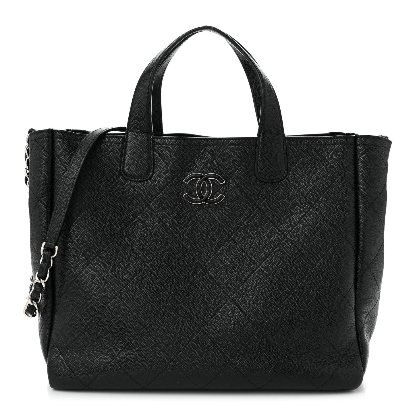 Caviar Stitched Medium Lady Coco Shopping Tote Black