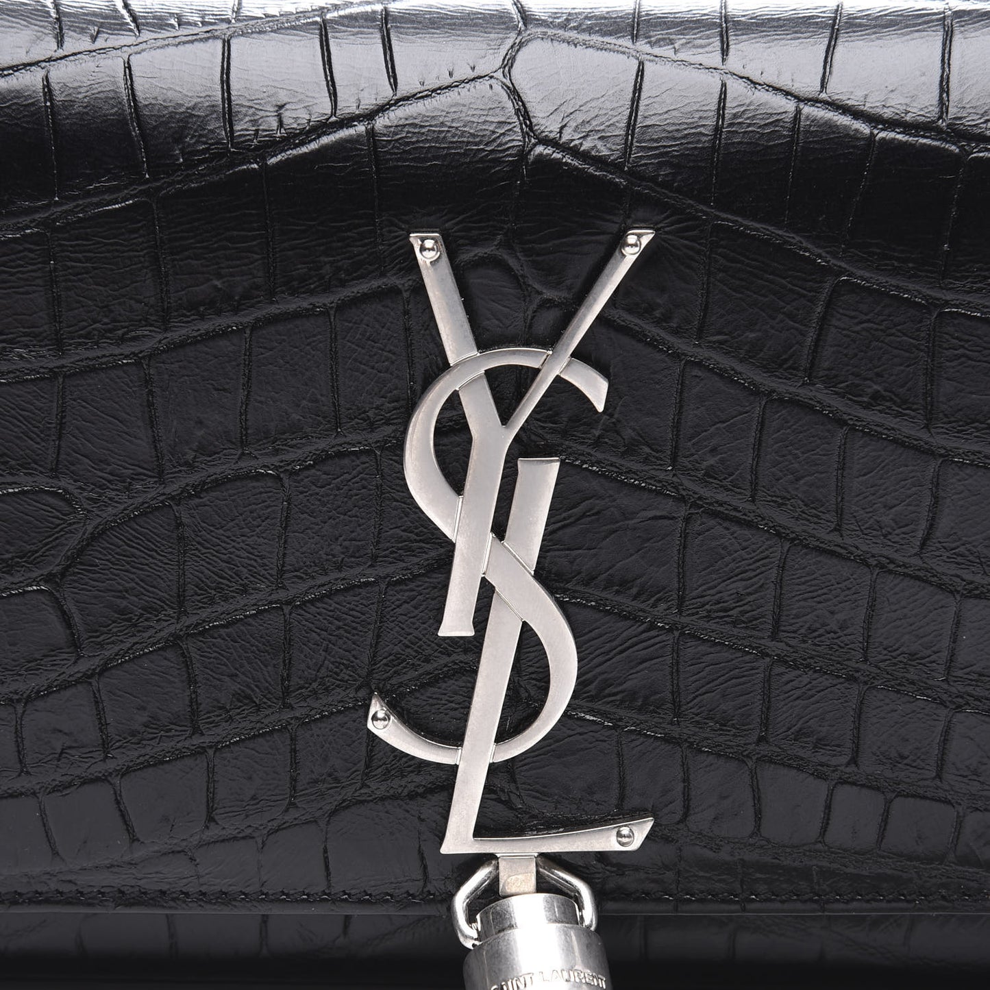 Calfskin Crocodile Embossed Monogram Small Kate Tassel Satchel Black
